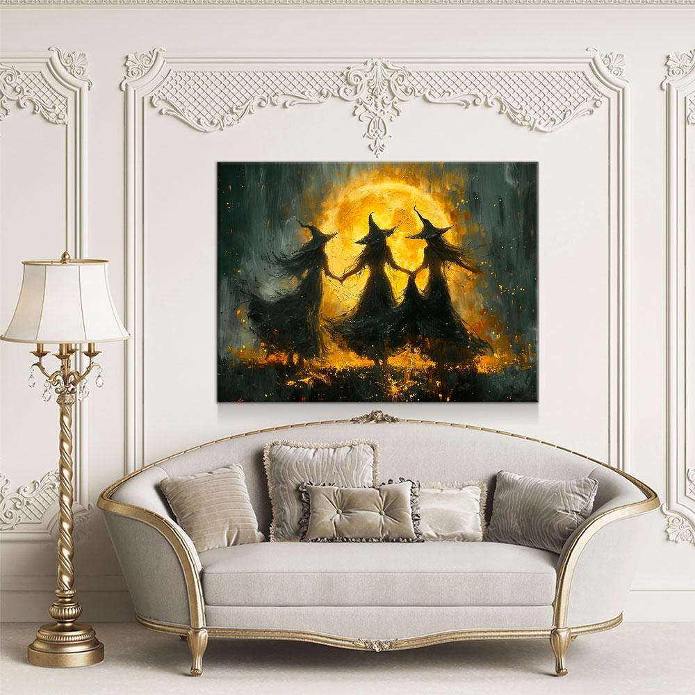 Witches Dancing Around The Fire Canvas Wall Art, Gothic Decor, Halloween Decor, Halloween Hanging, Witch Decor, Pagan Art Print, Hallows Eve