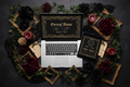 Dark Romance Canva Template Bundle — floral gothic mockup with black roses and burgundy peonies