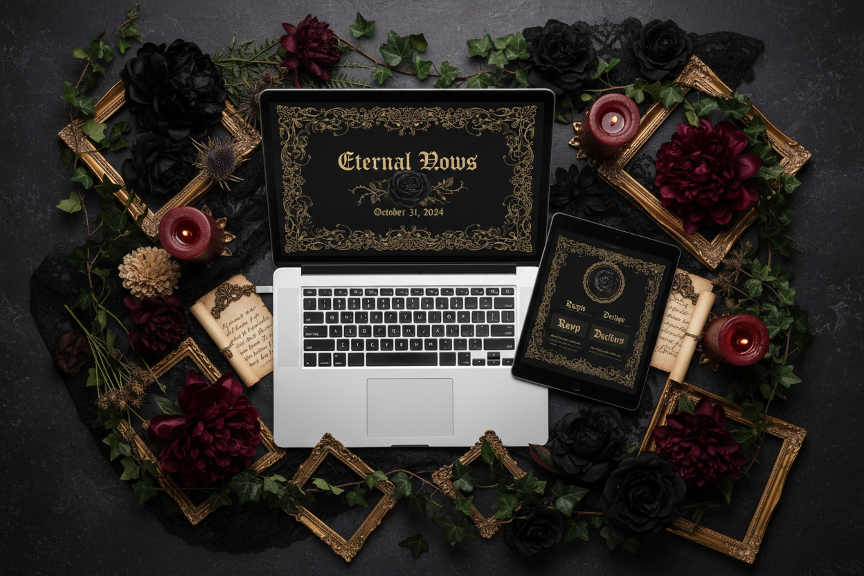 Dark Romance Canva Template Bundle — floral gothic mockup with black roses and burgundy peonies