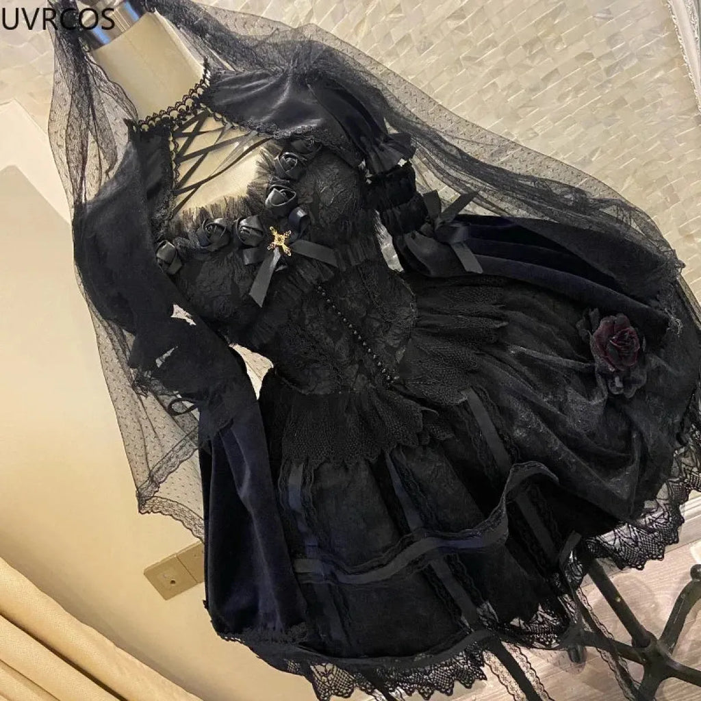 Victorian Gothic Lolita Dress - Sweet Lace & Rose Detail